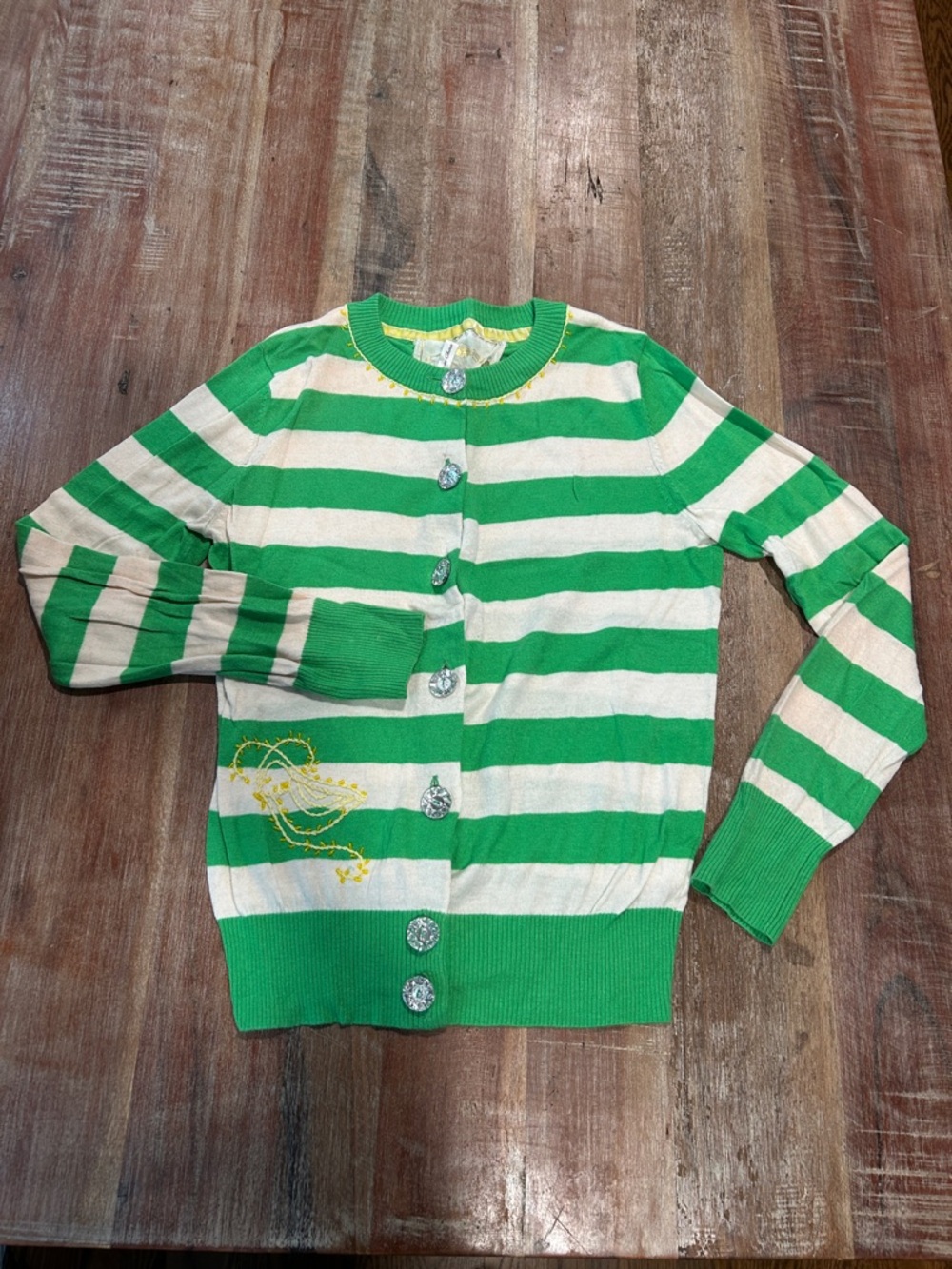 Knitted Dove VTG Green and Cream Striped Cardigan with Embroidered Dove